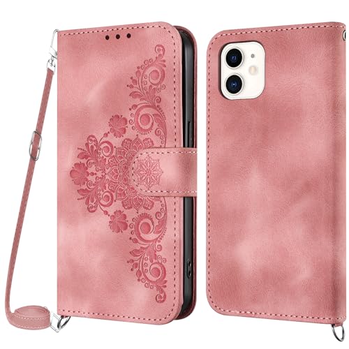 Netany Handykette Hülle für iPhone 12 Mini, Handyhülle für iPhone 12 Mini (5,4 Zoll) Hülle mit Kette Klappbar, PU Leder Necklace Klapphülle und Umhängeband Lanyard Flip Schutzhülle mit Band (Rosa) von Netany