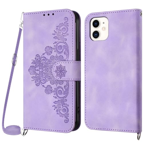 Netany Handykette Hülle für iPhone 12 Mini, Handyhülle für iPhone 12 Mini (5,4 Zoll) Hülle mit Kette Klappbar, PU Leder Necklace Klapphülle und Umhängeband Lanyard Flip Schutzhülle mit Band (Lila) von Netany