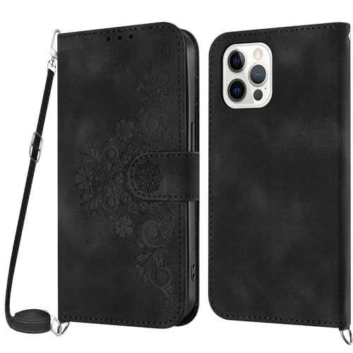 Netany Handykette Hülle für iPhone 12 Pro Max, Handyhülle iPhone 12 Pro Max (6,7 Zoll) Hülle mit Kette Klappbar, PU Leder Necklace Klapphülle und Umhängeband Lanyard Flip Schutzhülle mit Band(Schwarz) von Netany