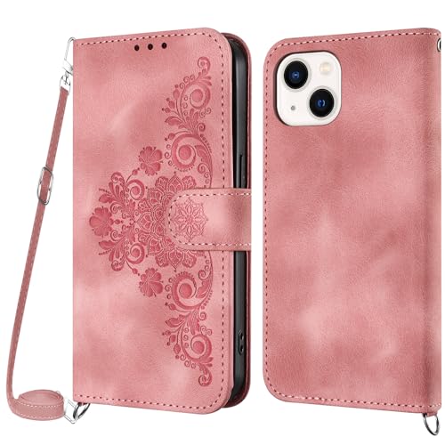 Netany Handykette Hülle für iPhone 13, Handyhülle für iPhone 13 (6,1 Zoll) Hülle mit Kette Klappbar, PU Leder Necklace Klapphülle und Umhängeband Lanyard Flip Stoßfest Schutzhülle mit Band (Rosa) von Netany
