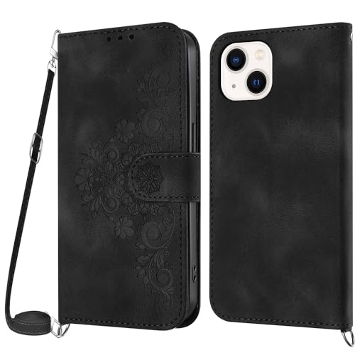 Netany Handykette Hülle für iPhone 13, Handyhülle für iPhone 13 (6,1 Zoll) Hülle mit Kette Klappbar, PU Leder Necklace Klapphülle und Umhängeband Lanyard Flip Stoßfest Schutzhülle mit Band (Schwarz) von Netany