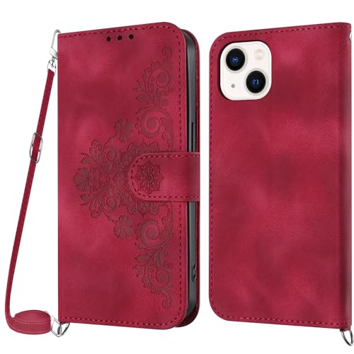 Netany Handykette Hülle für iPhone 13 Mini, Handyhülle für iPhone 13 Mini (5,4 Zoll) Hülle mit Kette Klappbar, PU Leder Necklace Klapphülle und Umhängeband Lanyard Flip Schutzhülle mit Band (Rot) von Netany