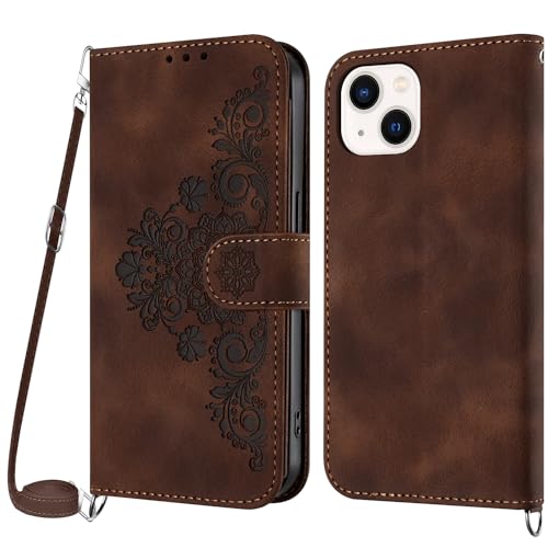 Netany Handykette Hülle für iPhone 13 Mini, Handyhülle für iPhone 13 Mini (5,4 Zoll) Hülle mit Kette Klappbar, PU Leder Necklace Klapphülle und Umhängeband Lanyard Flip Schutzhülle mit Band (Braun) von Netany