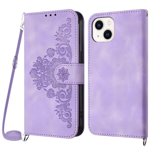 Netany Handykette Hülle für iPhone 14, Handyhülle für iPhone 14 (6,1 Zoll) Hülle mit Kette Klappbar, PU Leder Necklace Klapphülle und Umhängeband Lanyard Flip Stoßfest Schutzhülle mit Band (Lila) von Netany