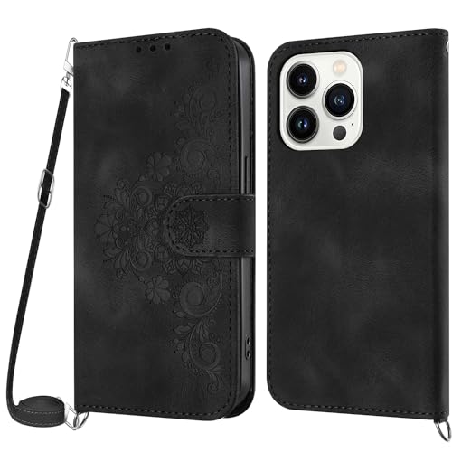 Netany Handykette Hülle für iPhone 14 Pro, Handyhülle iPhone 14 Pro (6,1 Zoll) Hülle mit Kette Klappbar, PU Leder Necklace Klapphülle und Umhängeband Lanyard Flip Schutzhülle mit Band (Schwarz) von Netany