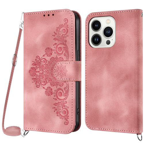 Netany Handykette Hülle für iPhone 15 Pro, Handyhülle für iPhone 15 Pro (6,1 Zoll) Hülle mit Kette Klappbar, PU Leder Necklace Klapphülle und Umhängeband Lanyard Flip Schutzhülle mit Band (Rosa) von Netany