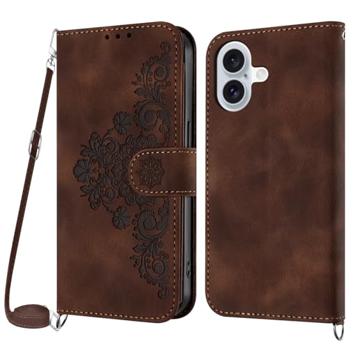 Netany Handykette Hülle für iPhone 16, Handyhülle Hülle mit Kette Klappbar, PU Leder Necklace Klapphülle und Umhängeband Lanyard Flip Stoßfest Schutzhülle mit Band (Braun) von Netany