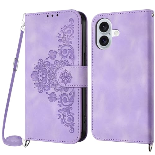 Netany Handykette Hülle für iPhone 16, Handyhülle Hülle mit Kette Klappbar, PU Leder Necklace Klapphülle und Umhängeband Lanyard Flip Stoßfest Schutzhülle mit Band (Lila) von Netany