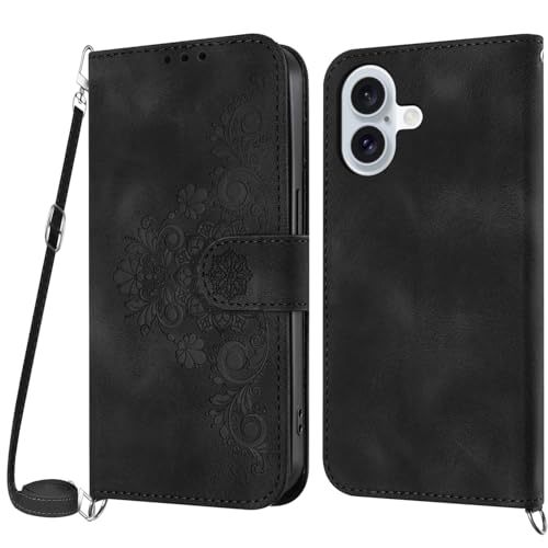 Netany Handykette Hülle für iPhone 16, Handyhülle Hülle mit Kette Klappbar, PU Leder Necklace Klapphülle und Umhängeband Lanyard Flip Stoßfest Schutzhülle mit Band (Schwarz) von Netany
