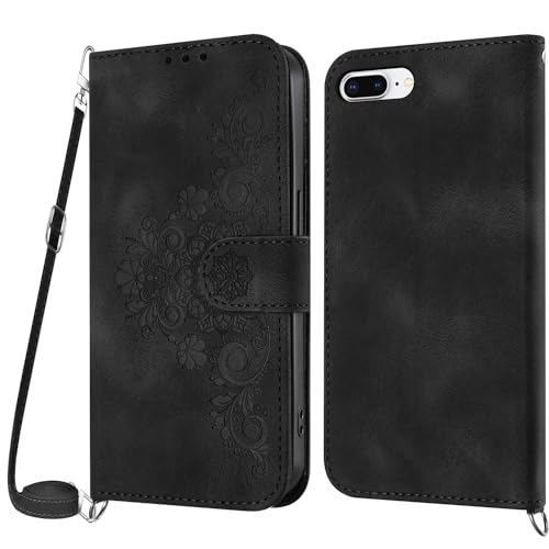 Netany Handykette Hülle für iPhone 8 Plus/7 Plus, Handyhülle für iPhone 8 Plus/7 Plus (5,5 Zoll) Hülle mit Kette Klappbar, PU Leder Klapphülle und Umhängeband Lanyard Flip Schutzhülle mit Band(Schwarz von Netany