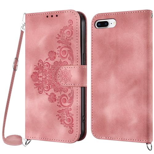 Netany Handykette Hülle für iPhone 8 Plus/7 Plus, Handyhülle für iPhone 8 Plus/7 Plus (5,5 Zoll) Hülle mit Kette Klappbar, PU Leder Klapphülle und Umhängeband Lanyard Flip Schutzhülle mit Band (Rosa) von Netany