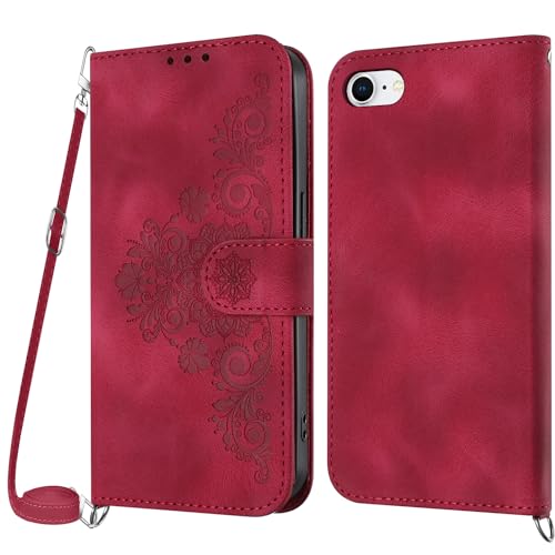 Netany Handykette Hülle für iPhone SE 2020 / iPhone SE 2022/iPhone 8 / iPhone 7, Handyhülle Hülle mit Kette Klappbar, PU Leder Klapphülle und Umhängeband Lanyard Flip Schutzhülle mit Band (Rot) von Netany