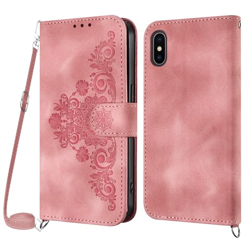 Netany Handykette Hülle für iPhone X/XS, Handyhülle für iPhone XS/iPhone X (5,8 Zoll) Hülle mit Kette Klappbar, PU Leder Necklace Klapphülle und Umhängeband Lanyard Flip Schutzhülle mit Band (Rosa) von Netany