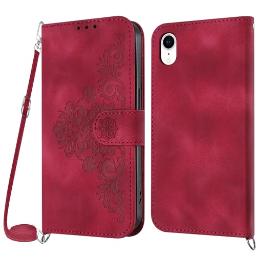 Netany Handykette Hülle für iPhone XR, Handyhülle für iPhone XR (6,1 Zoll) Hülle mit Kette Klappbar, PU Leder Necklace Klapphülle und Umhängeband Lanyard Flip Stoßfest Schutzhülle mit Band (Rot) von Netany