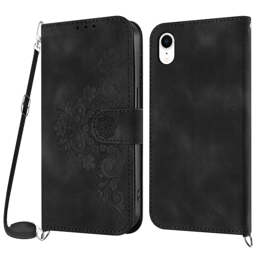 Netany Handykette Hülle für iPhone XR, Handyhülle für iPhone XR (6,1 Zoll) Hülle mit Kette Klappbar, PU Leder Necklace Klapphülle und Umhängeband Lanyard Flip Stoßfest Schutzhülle mit Band (Schwarz) von Netany