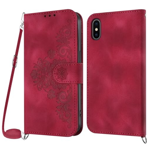 Netany Handykette Hülle für iPhone XS Max, Handyhülle iPhone XS Max (6,5 Zoll) Hülle mit Kette Klappbar, PU Leder Necklace Klapphülle und Umhängeband Lanyard Flip Stoßfest Schutzhülle mit Band (Rot) von Netany