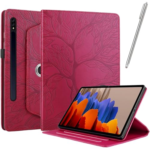 Netany Hülle für Samsung Galaxy Tab S9 2023/ S8 2022/ S7 2020 11 Zoll - PU Leder Schutzhülle Flip Hülle, mit Stifthalter und Stylus 360 Grad verstellbare Schutzhülle Lebensbaums - Rot von Netany