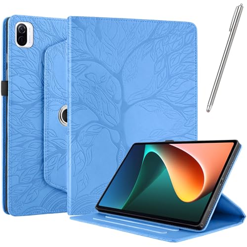 Netany Hülle für Xiaomi Pad 5 / Pad 5 Pro - PU Leder Schutzhülle Flip Hülle, mit Stifthalter und Stylus 360 Grad verstellbare Schutzhülle Lebensbaums [Nein Auto Schlaf/Wach] - Blau von Netany