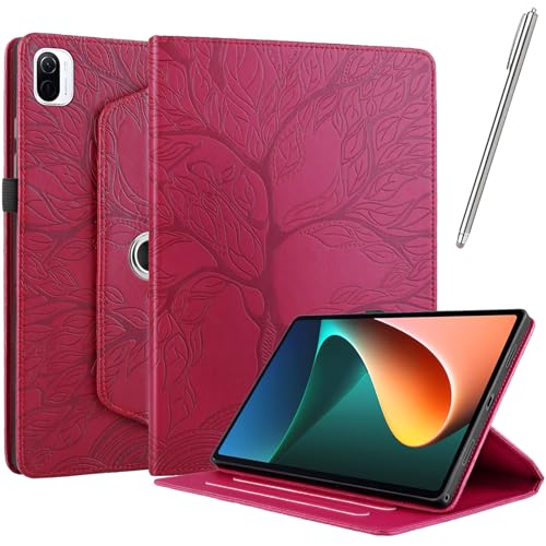 Netany Hülle für Xiaomi Pad 5 / Pad 5 Pro - PU Leder Schutzhülle Flip Hülle, mit Stifthalter und Stylus 360 Grad verstellbare Schutzhülle Lebensbaums [Nein Auto Schlaf/Wach] - Rot von Netany