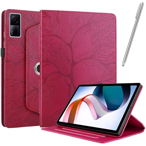 Netany Hülle für Xiaomi Redmi Pad 10.6 Zoll 2022 - PU Leder Schutzhülle Flip Hülle, mit Stifthalter und Stylus 360 Grad verstellbare Schutzhülle Lebensbaums [Nein Auto Schlaf/Wach] - Rot von Netany