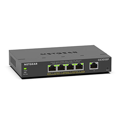 NETGEAR 5 Port Gigabit Ethernet Smart Managed Plus PoE Switch (GS305EP) - mit 4 x PoE+ @ 63W, Desktop/Wandhalterung von Netgear