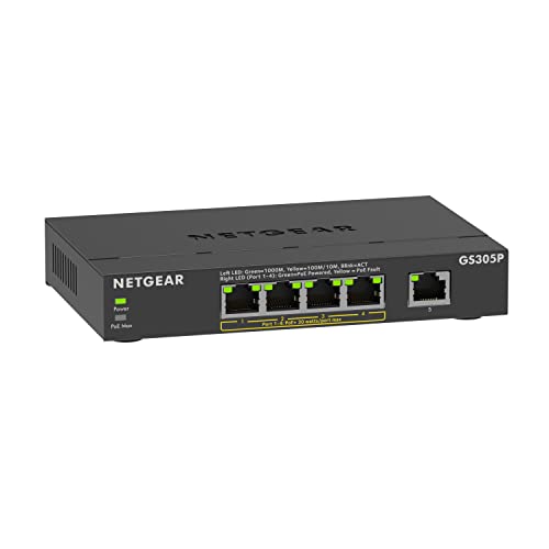 NETGEAR PoE Switch 5 Port Gigabit Ethernet LAN Switch PoE+ mit 4 Port bei 63 W (GS305P), Desktop- oder Wandbefestigung von Netgear
