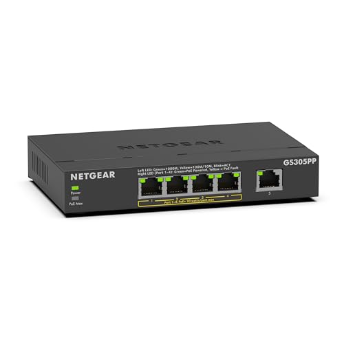 NETGEAR 5-Port Gigabit Ethernet Unmanaged PoE+ Switch (GS305PP): mit 4 PoE+ bei 83 W, Desktop- oder Wandbefestigung von Netgear
