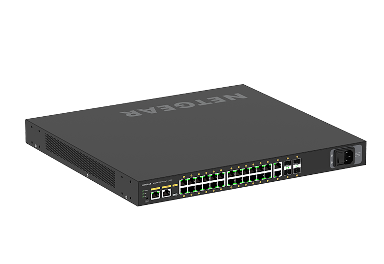 NETGEAR AV Line M4250-26G4XF-PoE+ - Switch - L3 - managed - 24 x 10/100/1000 (PoE+) + 2 x 10/100/1000 + 4 x 1 Gigabit / 10 Gigabit SFP+ - Seite-zu-Seite-Luftstrom - an Rack montierbar - PoE+ (480 W) (GSM4230PX-100EUS) von Netgear