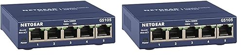 NETGEAR GS105GE LAN Switch 5 Port Netzwerk Switch (Plug-and-Play Gigabit Switch LAN Splitter, LAN Verteiler, Ethernet Hub, lüfterloses Metallgehäuse, ProSAFE Lifetime-Garantie), Blau (Packung mit 2) von Netgear
