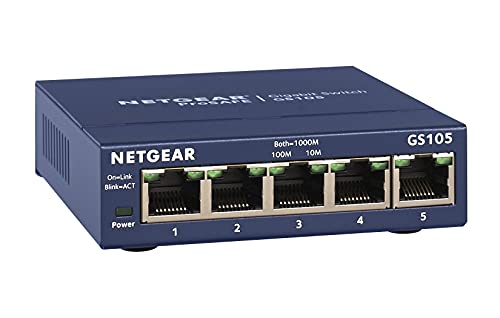 NETGEAR GS105GE LAN Switch 5 Port Netzwerk Switch (Plug-and-Play Gigabit Switch LAN Splitter, LAN Verteiler, Ethernet Hub, lüfterloses Metallgehäuse, ProSAFE Lifetime-Garantie), Blau von Netgear