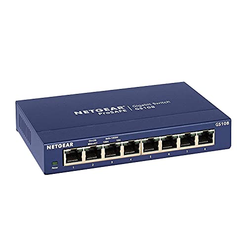 NETGEAR GS108GE LAN Switch 8 Port Netzwerk Switch (Plug-and-Play Gigabit Switch LAN Splitter, LAN Verteiler, Ethernet Hub, lüfterloses Metallgehäuse, ProSAFE Lifetime-Garantie), Blau von Netgear