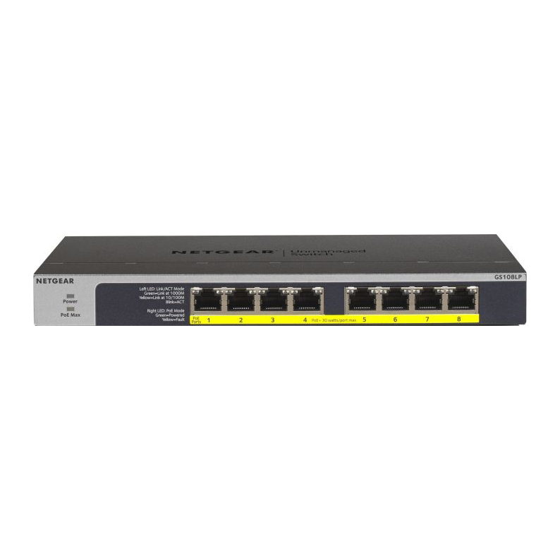 NETGEAR GS108LP 8-Port Unmanaged Switch [8x Gigabit-LAN, PoE+ 60W, Lüfterlos] von Netgear