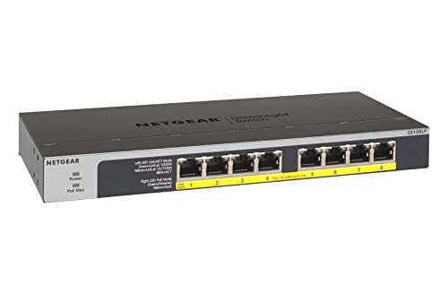 NETGEAR GS108LP PoE Switch 8 Port Gigabit Ethernet LAN Switch mit 8x PoE+ 60W (Plug-and-Play Netzwerk Switch PoE, lüfterlos, Rack-Montage möglich, ProSAFE Lifetime-Garantie), Schwarz von Netgear