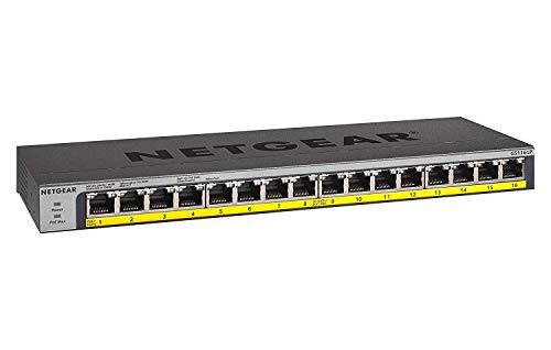 NETGEAR GS116LP PoE Switch 16 Port Gigabit Ethernet LAN Switch mit 16x PoE+ 76W (Plug-and-Play Netzwerk Switch PoE 16 Ports, lüfterlos, 19 Zoll Rack-Montage, ProSAFE Lifetime-Garantie), Schwarz von Netgear
