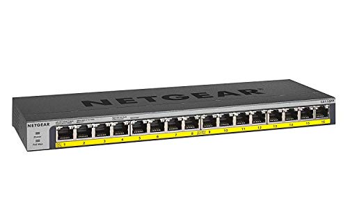 NETGEAR GS116PP PoE Switch 16 Port Gigabit Ethernet LAN Switch mit 16x PoE+ 183W (Plug-and-Play Netzwerk Switch PoE 16 Ports, lüfterlos, 19 Zoll Rack-Montage, ProSAFE Lifetime-Garantie), Schwarz von Netgear