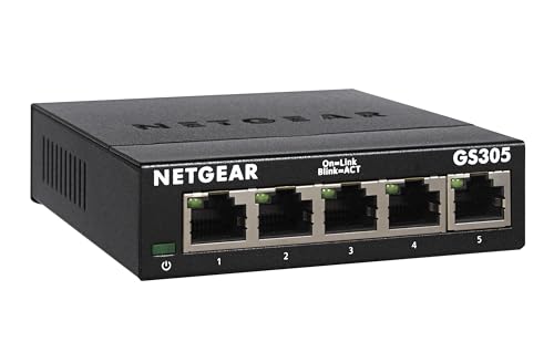 NETGEAR GS305 LAN Switch 5 Port Netzwerk Switch (Plug-and-Play Gigabit Switch LAN Splitter, LAN Verteiler, Ethernet Hub lüfterlos, robustes Metallgehäuse), Schwarz von Netgear