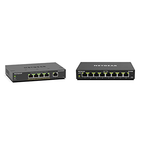 NETGEAR GS305EP PoE Switch 4 Port Gigabit Ethernet LAN Switch PoE+ 63W Plus (Managed Netzwerk Switch PoE, IGMP Snooping) & GS308E Managed Switch 8 Port Gigabit Ethernet LAN Switch Plus, Schwarz von Netgear