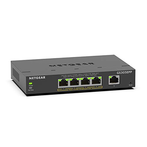 NETGEAR GS305EPP PoE Switch 4 Port Gigabit Ethernet LAN Switch PoE+ 120W Plus (5 Ports Plug-and-Play, Managed Netzwerk Switch PoE, IGMP Snooping, QoS, VLAN, Lüfterloses Metallgehäuse), Schwarz von Netgear