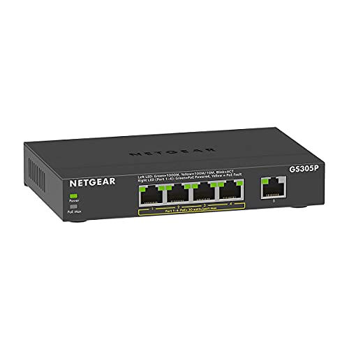 NETGEAR GS305P PoE Switch 4 Port Gigabit Ethernet LAN Switch PoE+ 63W (5 Ports Plug-and-Play Netzwerk Switch PoE, lüfterlos, robustes Metallgehäuse) von Netgear