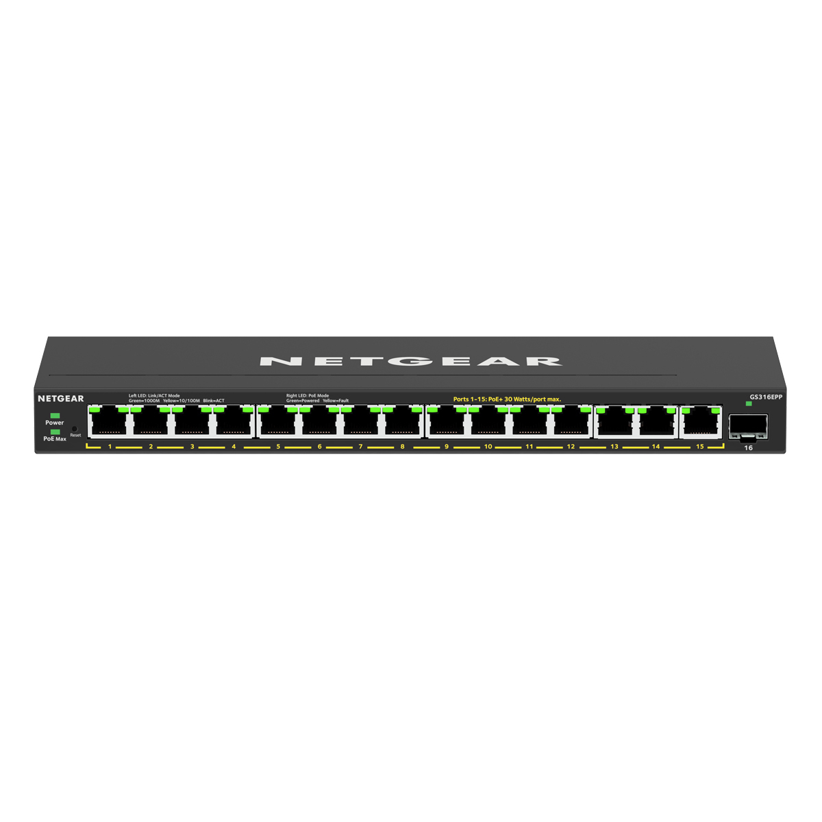 NETGEAR GS316EPP 16-Port Web Managed Switch [15x Gigabit Ethernet, PoE+ 231W, 1x SFP, Metallgehäuse, Lüfterlos] von Netgear