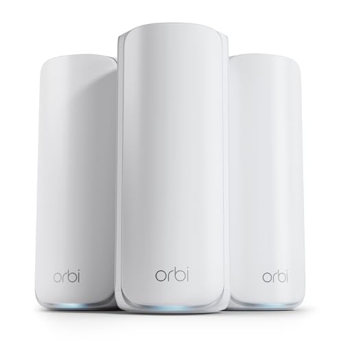NETGEAR Orbi 870 Tri-Band WiFi 7-Mesh-Netzwerksystem (RBE873) Router mit 2 Satelliten– Abdeckung von bis zu 600 m², für 150 Geräte – 10-Gig-Internetanschluss, BE21000 (max 21 GBit/s), Weiss von Netgear