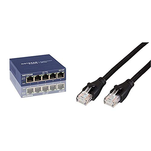 Netgear GS105GE 5-Port Unmanaged Gigabit Kupfer Switch (bis zu 1000 MBit/s Datenübertragung, Plug-and-Play, Metallgehäuse) & Amazon Basics Ethernet-Netzwerkkabel, RJ45, Cat6, 1,5 m, 1.000Mbit/s von Netgear