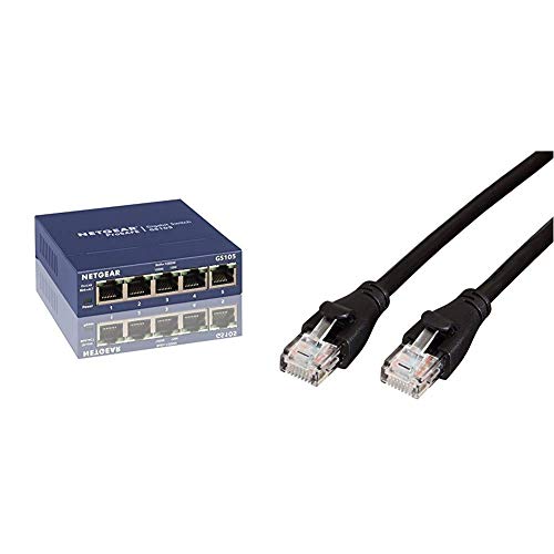Netgear GS105GE 5-Port Unmanaged Gigabit Kupfer Switch (bis zu 1000 MBit/s Datenübertragung, Plug-and-Play, lüfterlos) & Amazon Basics Ethernet-Netzwerkkabel, RJ45, Cat6, 0,9 m, 1.000Mbit/s von Netgear