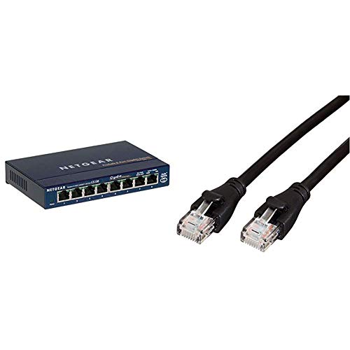 Netgear GS108GE 8-Port Unmanaged Gigabit Kupfer Switch (bis zu 1000 MBit/s Datenübertragung, Plug-and-Play, lüfterlos) & Amazon Basics Ethernet-Netzwerkkabel, RJ45, Cat6, 0,9 m, 1.000Mbit/s von Netgear