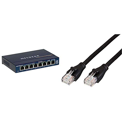 Netgear GS108GE 8-Port Unmanaged Gigabit Kupfer Switch (bis zu 1000 MBit/s Datenübertragung, Plug-and-Play, lüfterlos) & Amazon Basics Ethernet-Netzwerkkabel, RJ45, Cat6, 1,5 m, 1.000Mbit/s von Netgear