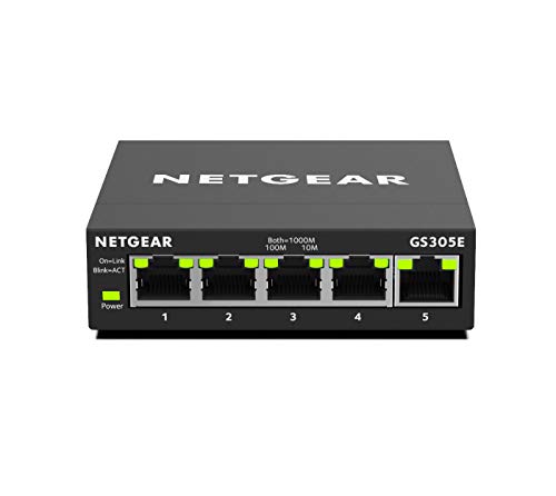 Netgear GS305E Managed Switch 5 Port Gigabit Ethernet LAN Switch Plus (Plug-and-Play, Netzwerk Switch Managed, IGMP Snooping, QoS, VLAN, lüfterlos, robustes Metallgehäuse), Schwarz von Netgear