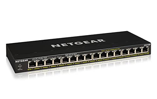 Netgear GS316P 16 Port Gigabit Ethernet LAN PoE Switch (mit 16x PoE+ 115W erweiterbar, Plug-and-Play Netzwerk Switch, Desktop oder Wandmontage, lüfterloses Metallgehäuse), schwarz von Netgear