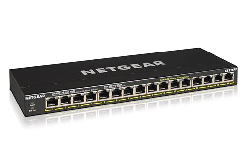 Netgear GS316PP 16 Port Gigabit Ethernet LAN PoE Switch (mit 16x PoE+ 183W, Plug-and-Play Netzwerk Switch, Desktop oder Wandmontage, lüfterloses Metallgehäuse), schwarz von Netgear