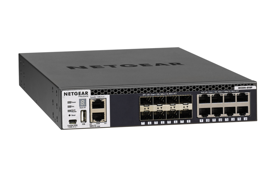 Netgear M4300 16-PORT 10GB ST.MG.SWITC M4300-8X8F Stackable mgd.Switch mit 16x10G including 8x10GBASE-T und 8xSFP+ Layer 3 (XSM4316S), SDN-ready Open Flow 1.3, geräuscharm, halbe Baubreite (XSM4316S-100NES) von Netgear