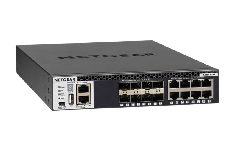 Netgear M4300 16-PORT 10GB ST.MG.SWITC M4300-8X8F Stackable mgd.Switch mit 16x10G including 8x10GBASE-T und 8xSFP+ Layer 3 (XSM4316S), SDN-ready Open Flow 1.3, geräuscharm, halbe Baubreite (XSM4316S-100NES) von Netgear